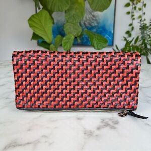Clare V. Handwoven Leather Flat Clutch Red Black Checkered Herringbone